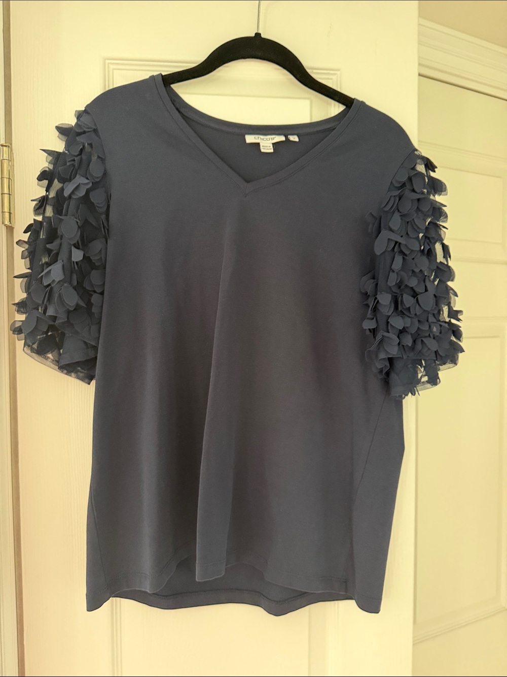 Chico's Slate Blue V-Neck Top with Petal Flutter Sleeves